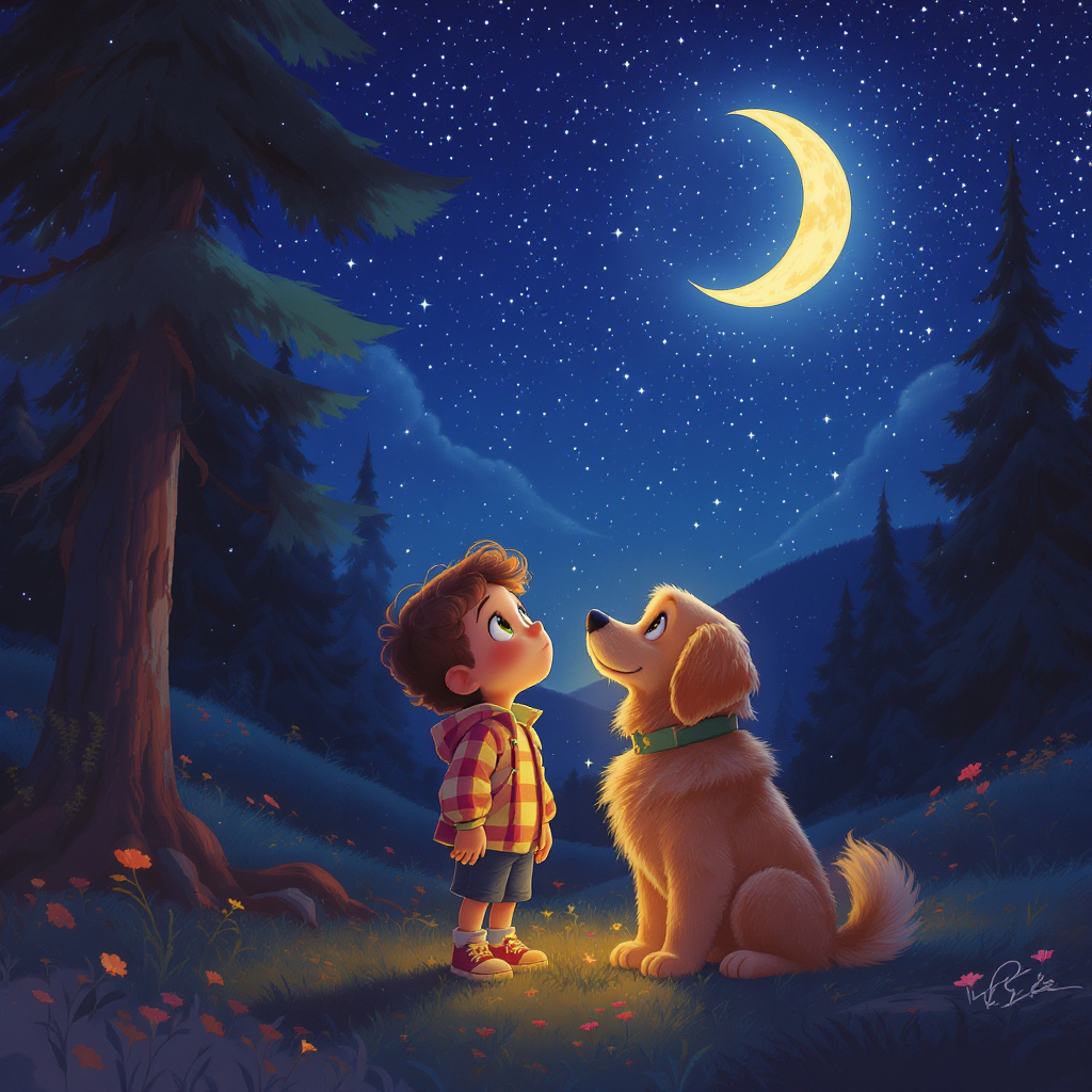 A child and their golden retriever under a starry sky
