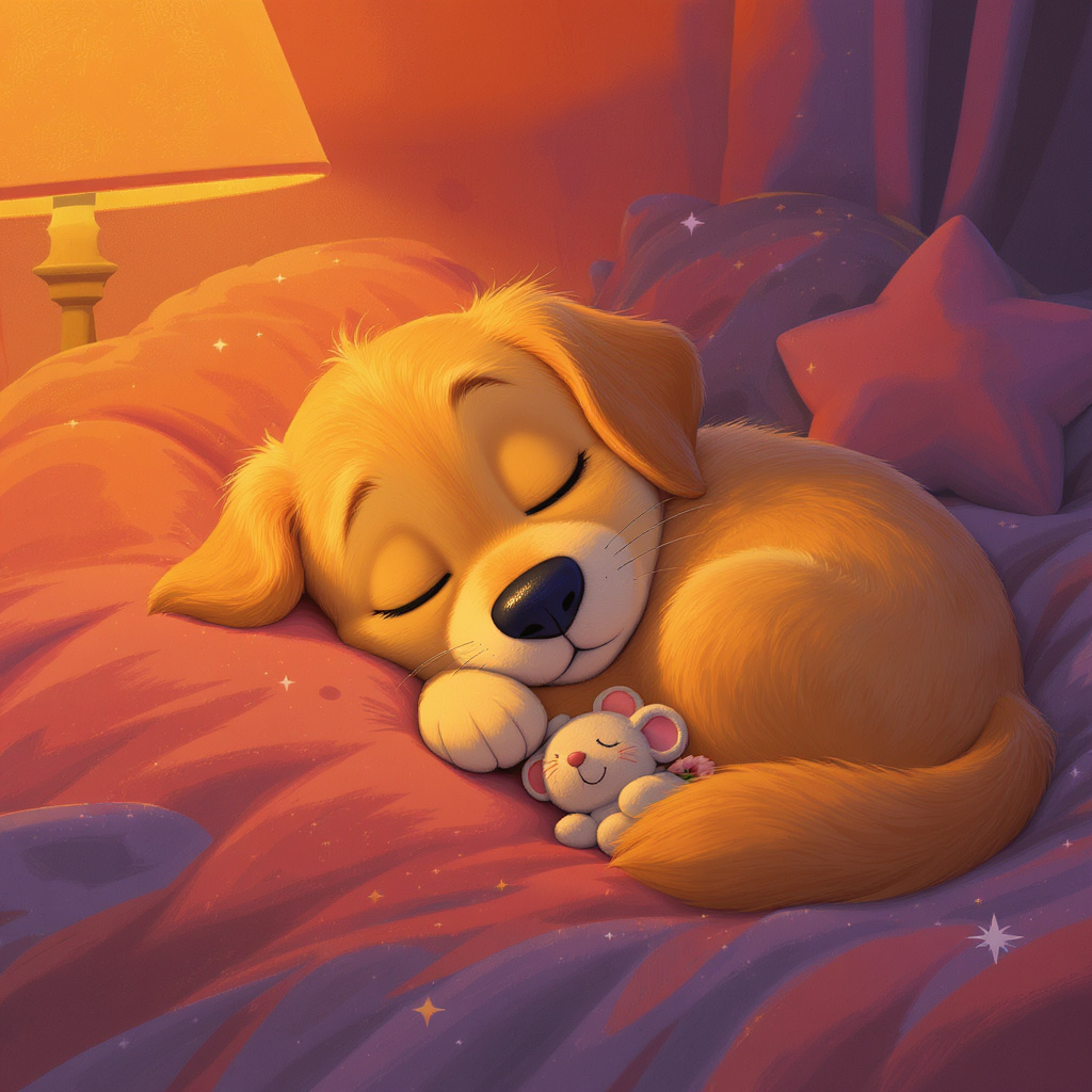 A sleeping golden retriever curled up on a velvet cushion
