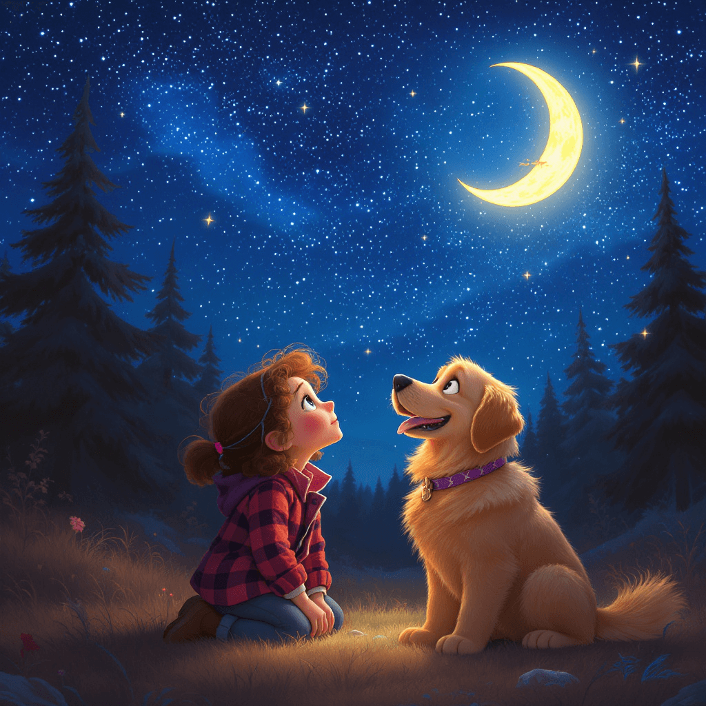 A starry-forest cover with your kid and their pet, drawn just for them.