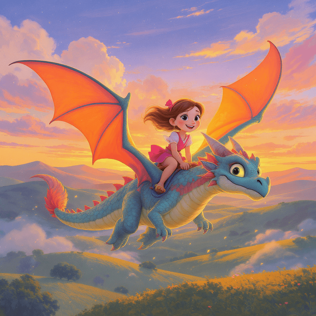 Cover of Emma's Dragon Adventure — a child riding a friendly dragon at sunset.