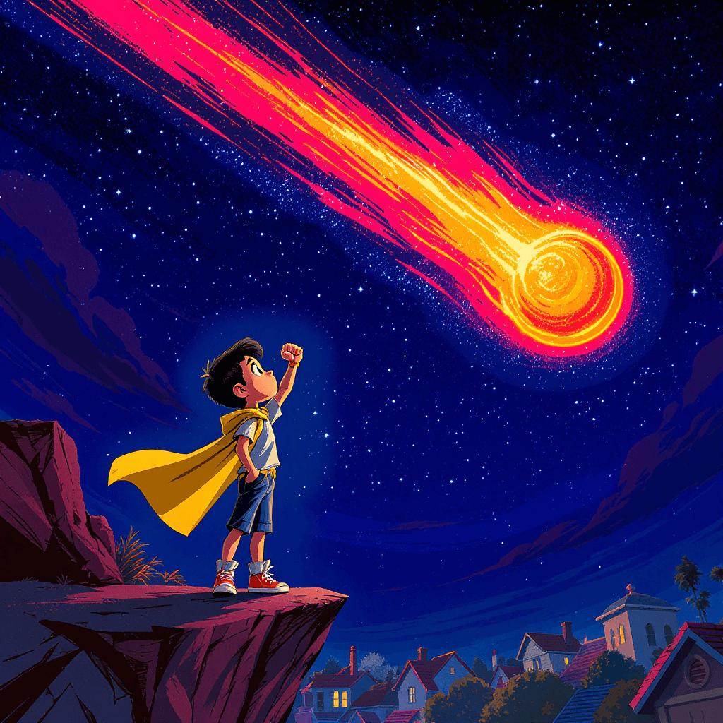 Cover of Marcus and the Meteor — a kid in a cape on a cliff watching a meteor streak overhead.